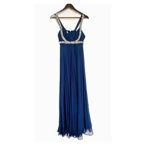 Marchesa Notte Silk Chiffon Grecian Evening Gown Sequin Embellish Navy 6